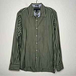 Tommy Hilfiger Stripe Shirt Medium Custom Fit Green Mens Long Sleeve Dress Shirt